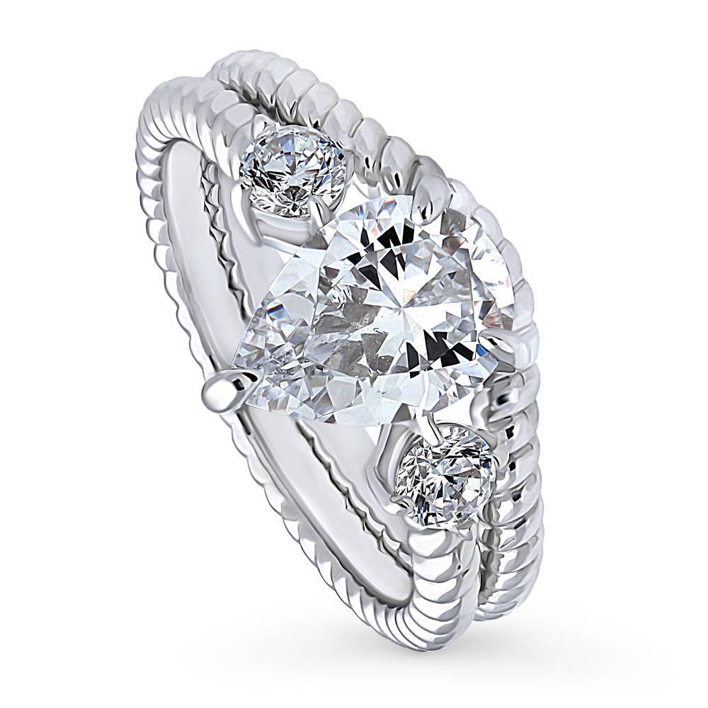 Front view of 3-Stone Woven 1.8ct Pear CZ Ring Set in Sterling Silver, 4 of 12