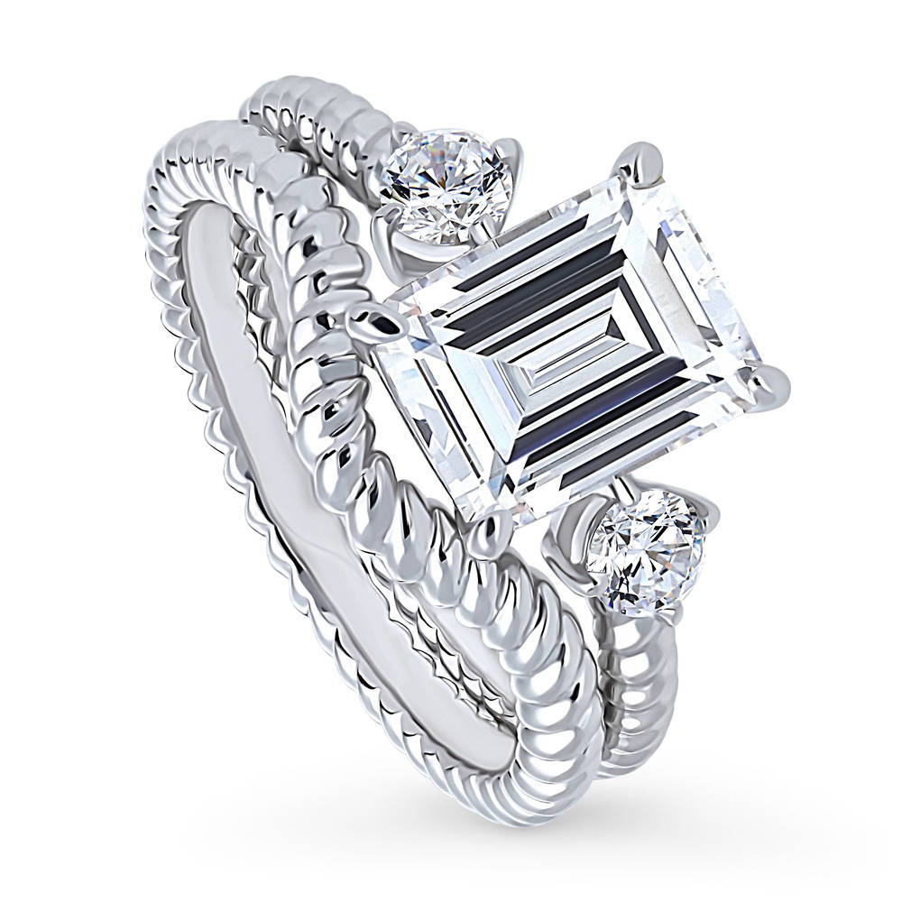 Front view of 3-Stone Woven Wishbone Chevron CZ Ring Set in Sterling Silver, 4 of 16