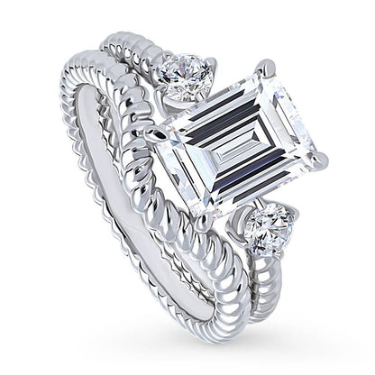 3-Stone Woven Wishbone Chevron CZ Ring Set in Sterling Silver