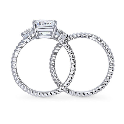 3-Stone Woven Wishbone Chevron CZ Ring Set in Sterling Silver