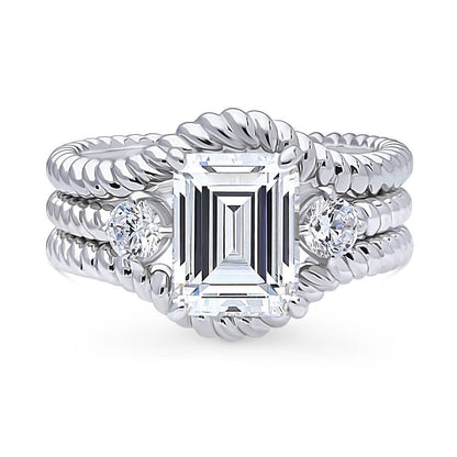 3-Stone Woven Wishbone Chevron CZ Ring Set in Sterling Silver