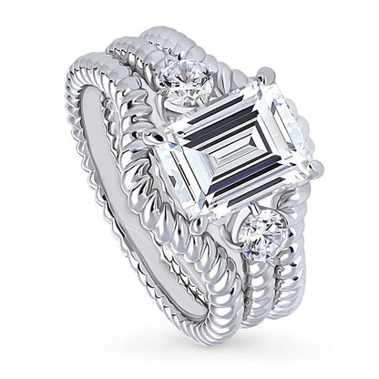 3-Stone Woven Wishbone Chevron CZ Ring Set in Sterling Silver