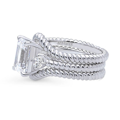 3-Stone Woven Wishbone Chevron CZ Ring Set in Sterling Silver