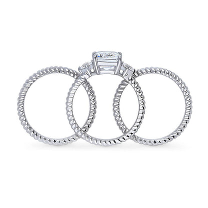 3-Stone Woven Wishbone Chevron CZ Ring Set in Sterling Silver