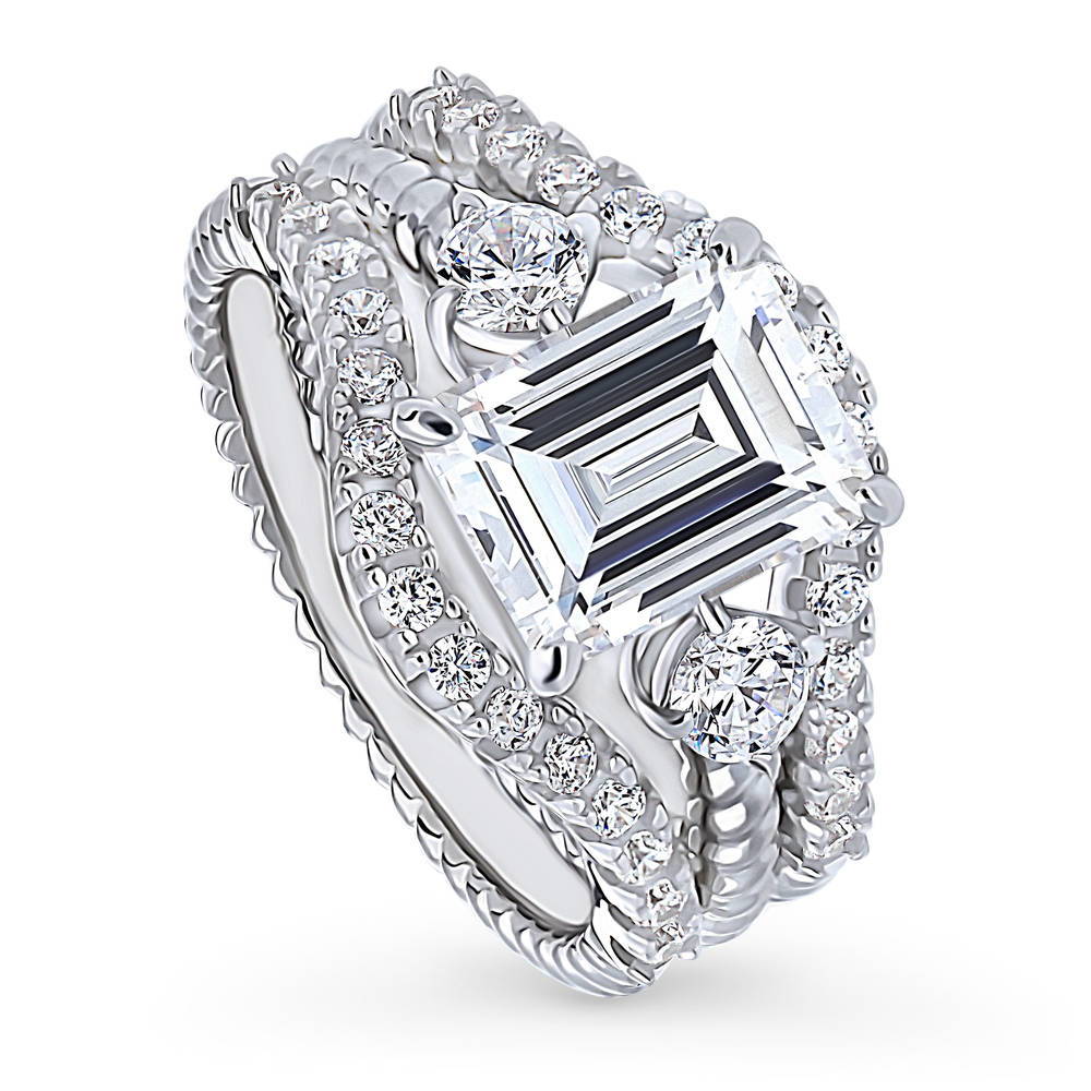 3-Stone Woven Emerald Cut CZ Ring Set in Sterling Silver