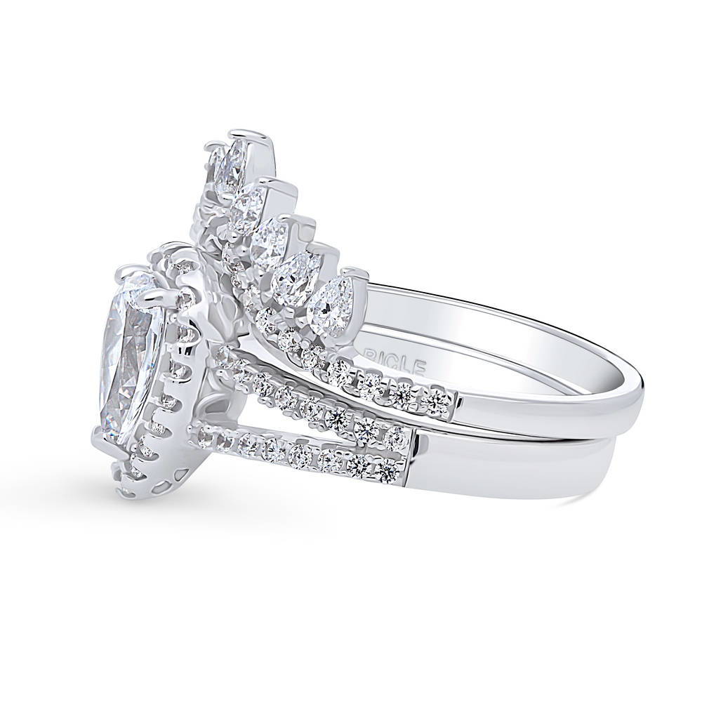 Angle view of Halo Pear CZ Split Shank Ring Set in Sterling Silver, 4 of 17