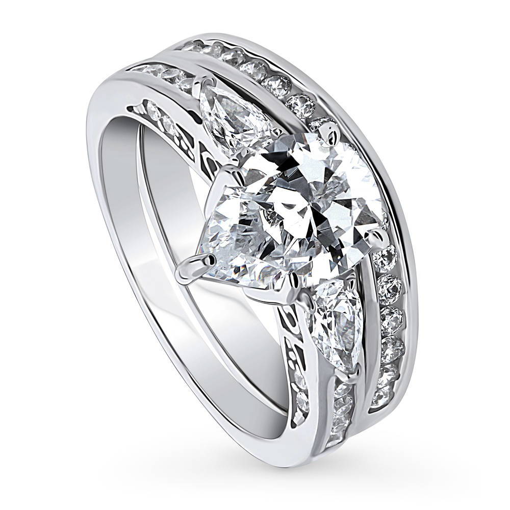Front view of 3-Stone Pear CZ Ring Set in Sterling Silver, 4 of 16