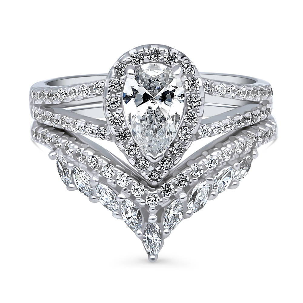 Halo Wishbone Pear CZ Split Shank Ring Set in Sterling Silver