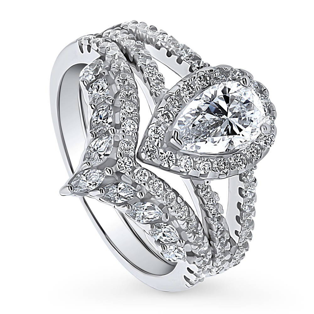 Front view of Halo Pear CZ Split Shank Ring Set in Sterling Silver, 3 of 17