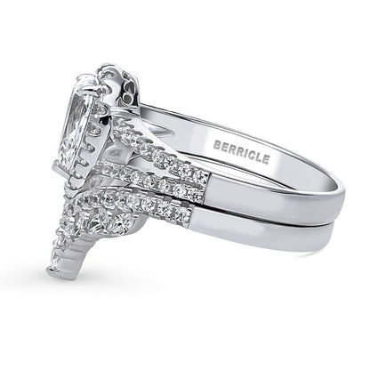 Halo Wishbone Pear CZ Split Shank Ring Set in Sterling Silver