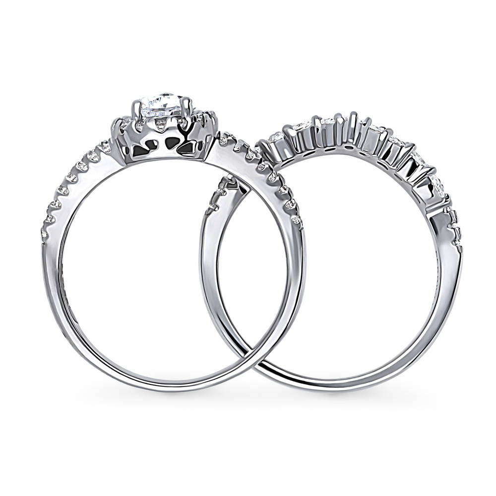 Halo Wishbone Pear CZ Split Shank Ring Set in Sterling Silver