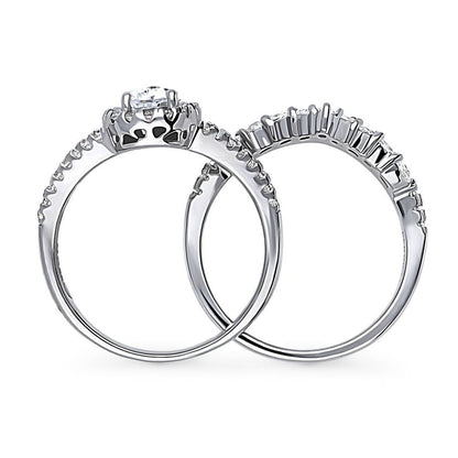 Halo Wishbone Pear CZ Split Shank Ring Set in Sterling Silver
