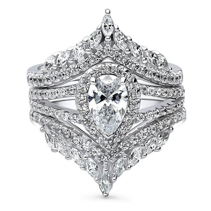 Halo Wishbone Pear CZ Split Shank Ring Set in Sterling Silver