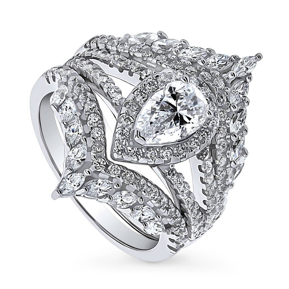 Front view of Halo Wishbone Pear CZ Split Shank Ring Set in Sterling Silver, 4 of 19