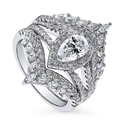 Halo Wishbone Pear CZ Split Shank Ring Set in Sterling Silver