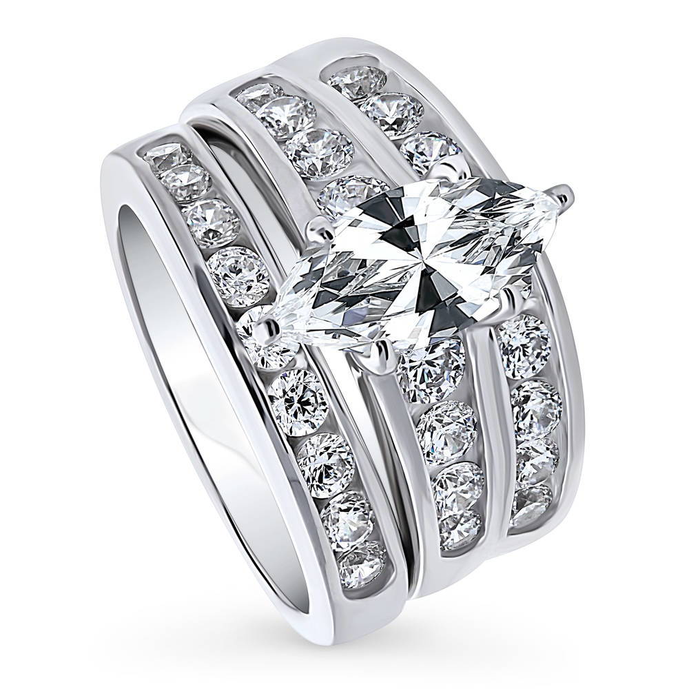 Front view of Solitaire 1.6ct Marquise CZ Ring Set in Sterling Silver, 4 of 18