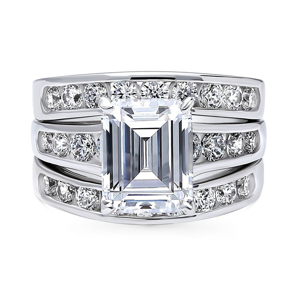 Solitaire 3.8ct Emerald Cut CZ Ring Set in Sterling Silver