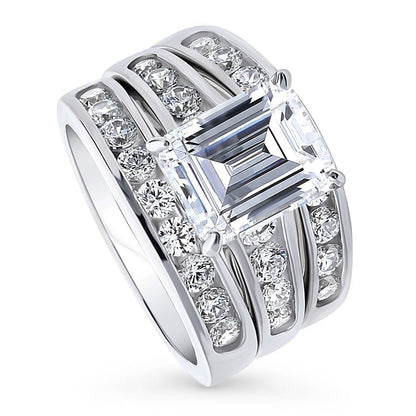 Solitaire 3.8ct Emerald Cut CZ Ring Set in Sterling Silver