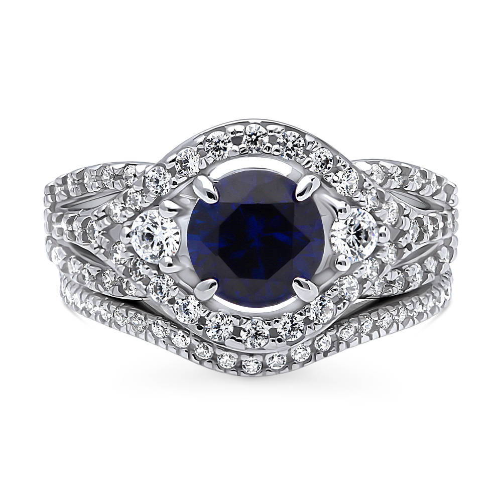 3-Stone Woven Halo Sapphire-Blue CZ Ring Set in Sterling Silver