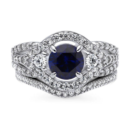 3-Stone Woven Halo Sapphire-Blue CZ Ring Set in Sterling Silver