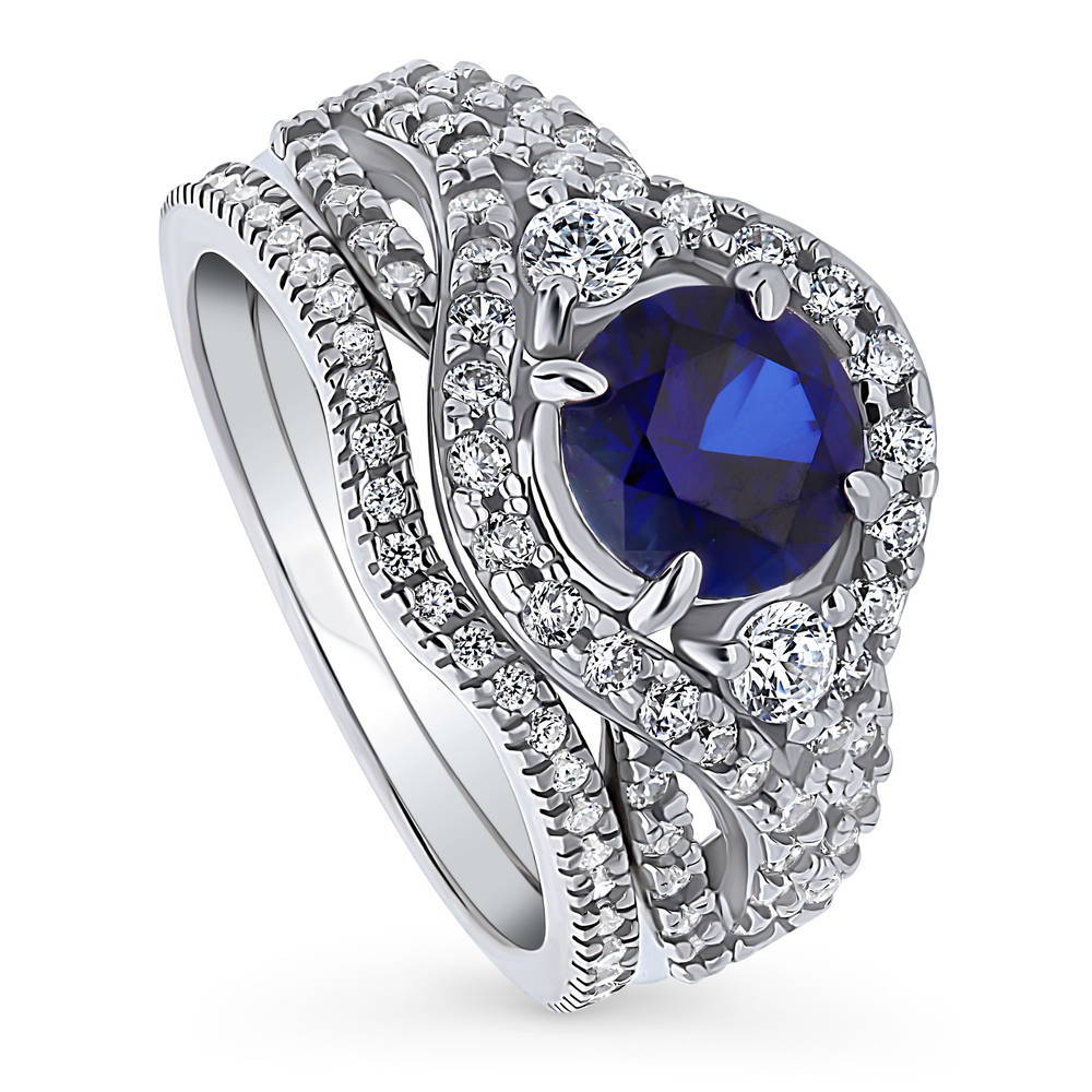 Front view of 3-Stone Simulated Blue Sapphire Round CZ Ring Set in Sterling Silver, 3 of 16