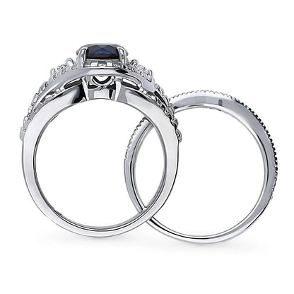 3-Stone Woven Halo Sapphire-Blue CZ Ring Set in Sterling Silver