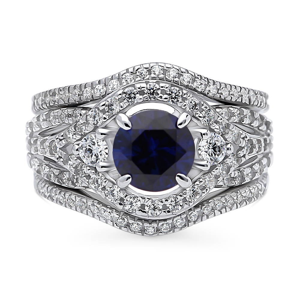 3-Stone Woven Halo Sapphire-Blue CZ Ring Set in Sterling Silver