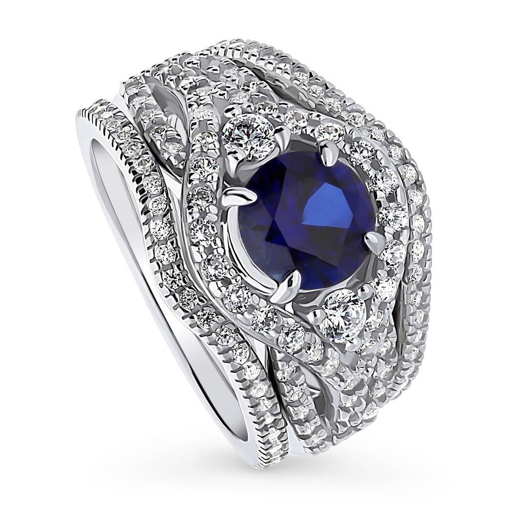 Front view of 3-Stone Woven Halo Sapphire-Blue CZ Ring Set in Sterling Silver, 3 of 15