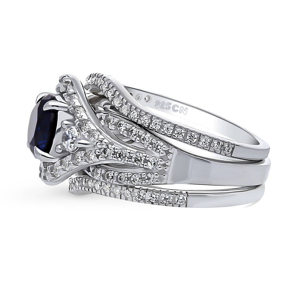 Angle view of 3-Stone Simulated Blue Sapphire Round CZ Ring Set in Sterling Silver, 4 of 16