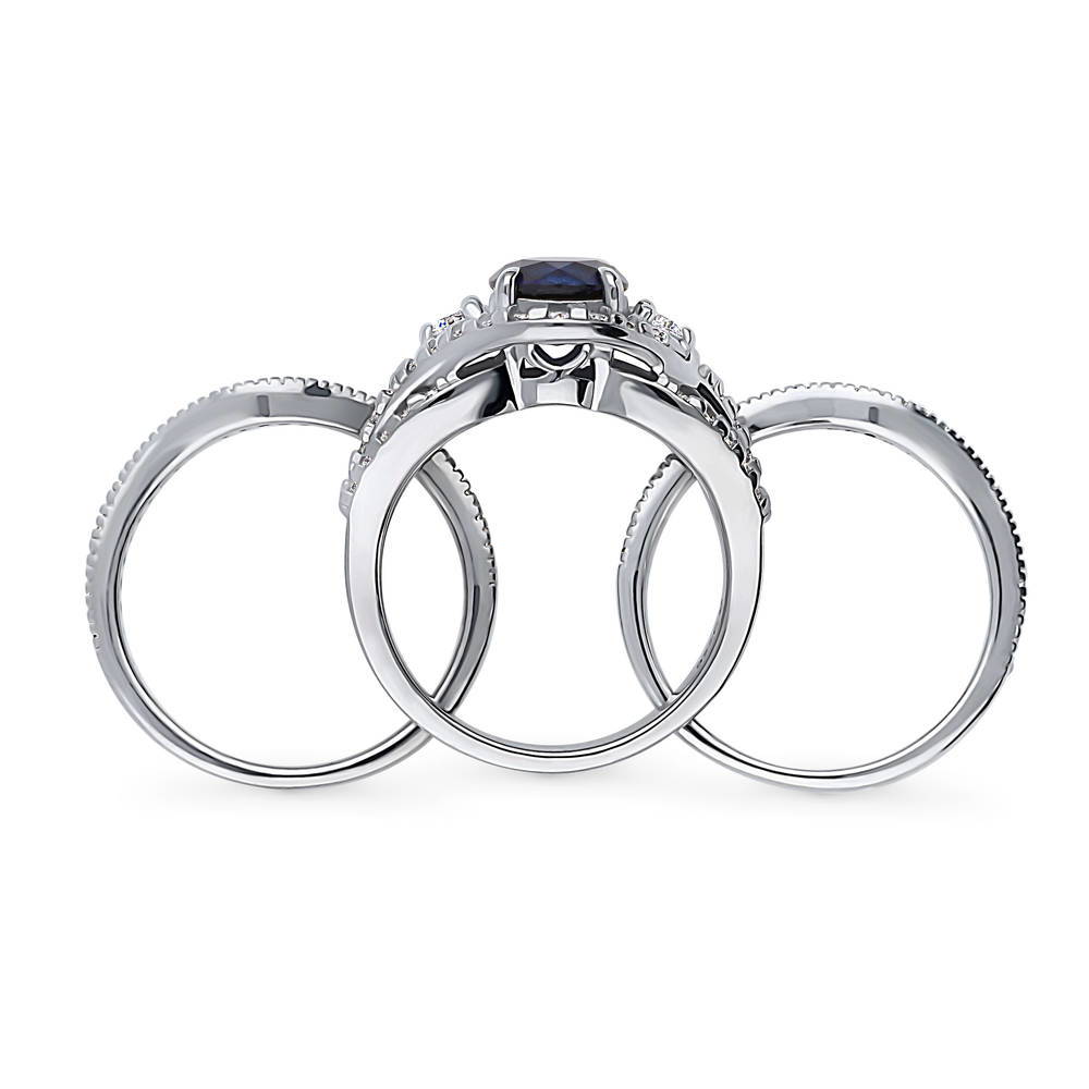 Alternate view of 3-Stone Woven Halo Sapphire-Blue CZ Ring Set in Sterling Silver, 7 of 15