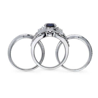 3-Stone Woven Halo Sapphire-Blue CZ Ring Set in Sterling Silver