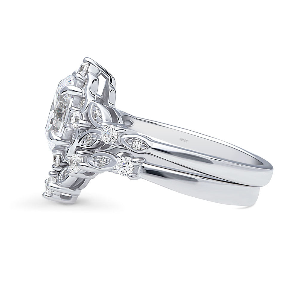 Halo Art Deco Chevron V Shaped CZ Ring Set in Sterling Silver