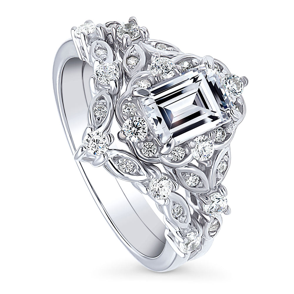 Front view of Halo Art Deco Chevron V Shaped CZ Ring Set in Sterling Silver, 4 of 15