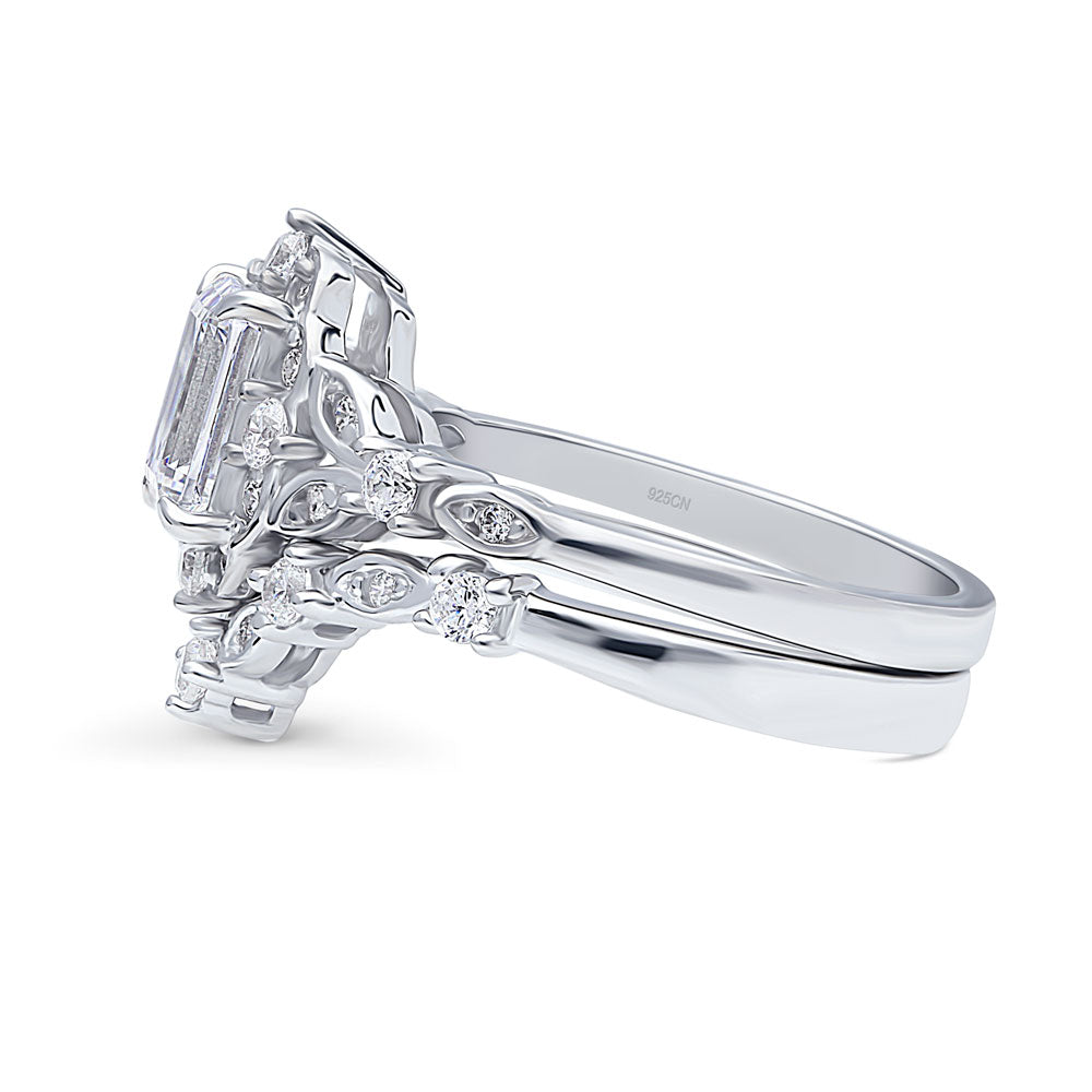 Halo Art Deco Chevron V Shaped CZ Ring Set in Sterling Silver