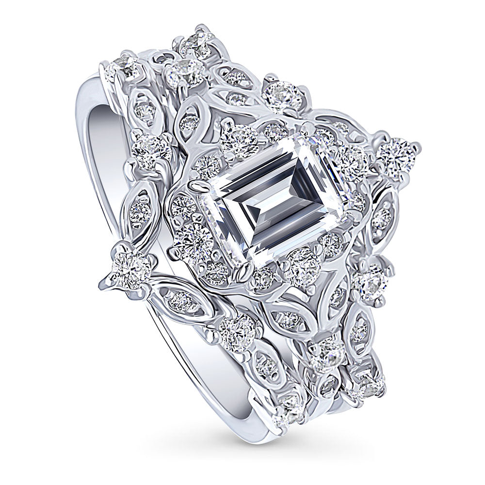 Halo Art Deco Chevron V Shaped CZ Ring Set in Sterling Silver