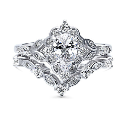 Halo Art Deco Chevron V Shaped CZ Ring Set in Sterling Silver