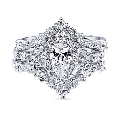 Halo Art Deco Chevron V Shaped CZ Ring Set in Sterling Silver