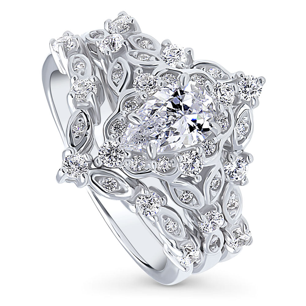 Halo Art Deco Chevron V Shaped CZ Ring Set in Sterling Silver
