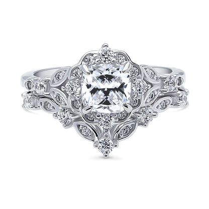 Halo Art Deco Chevron V Shaped CZ Ring Set in Sterling Silver