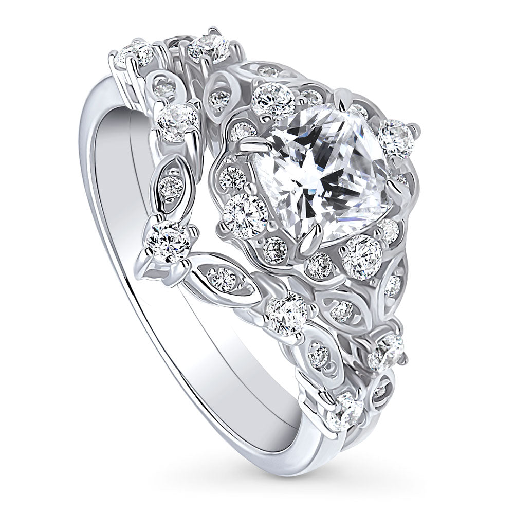 Front view of Halo Art Deco Chevron V Shaped CZ Ring Set in Sterling Silver, 4 of 18