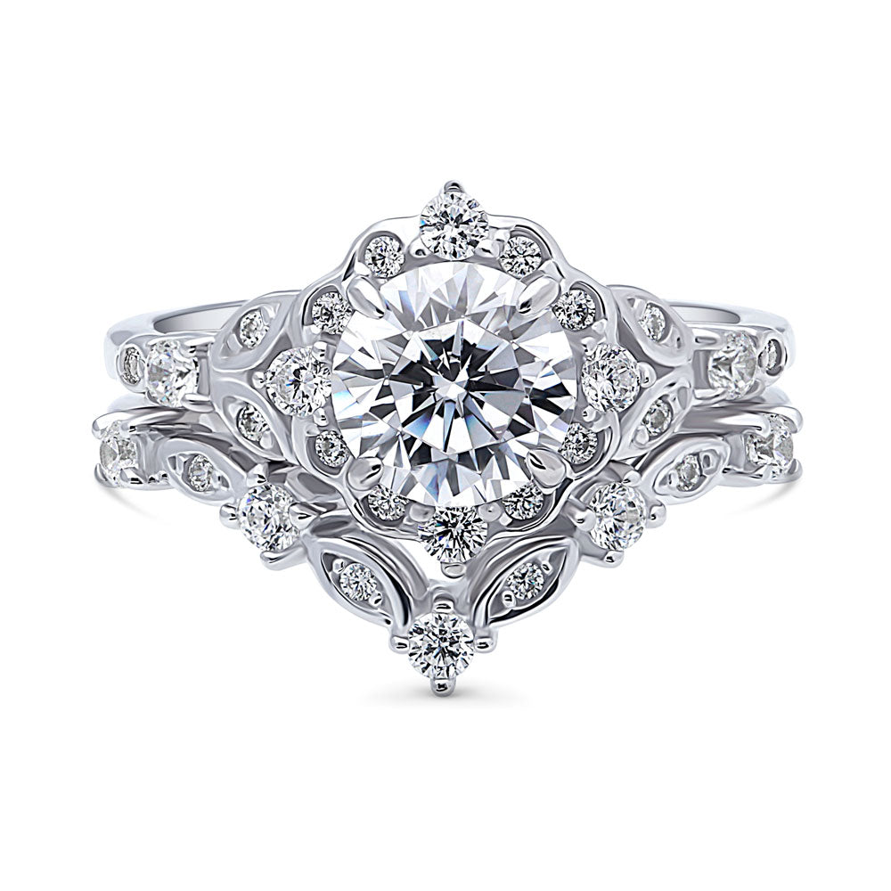 Halo Art Deco Chevron V Shaped CZ Ring Set in Sterling Silver