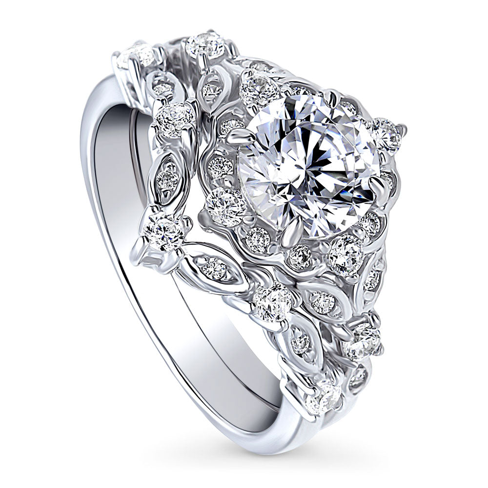 Front view of Halo Art Deco Chevron V Shaped CZ Ring Set in Sterling Silver, 4 of 15