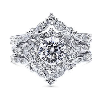Halo Art Deco Chevron V Shaped CZ Ring Set in Sterling Silver