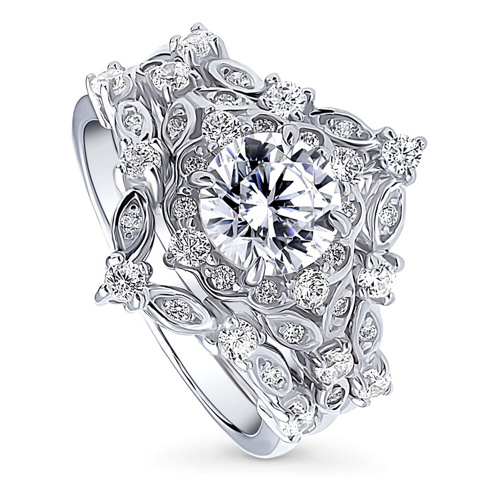 Front view of Halo Art Deco Chevron V Shaped CZ Ring Set in Sterling Silver, 4 of 15