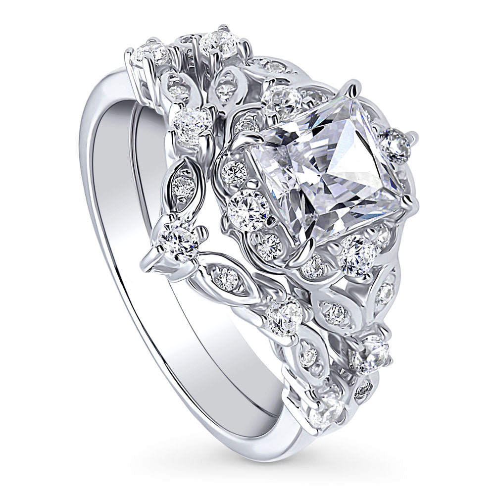 Front view of Halo Art Deco Chevron V Shaped CZ Ring Set in Sterling Silver, 4 of 11