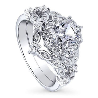 Halo Art Deco Chevron V Shaped CZ Ring Set in Sterling Silver