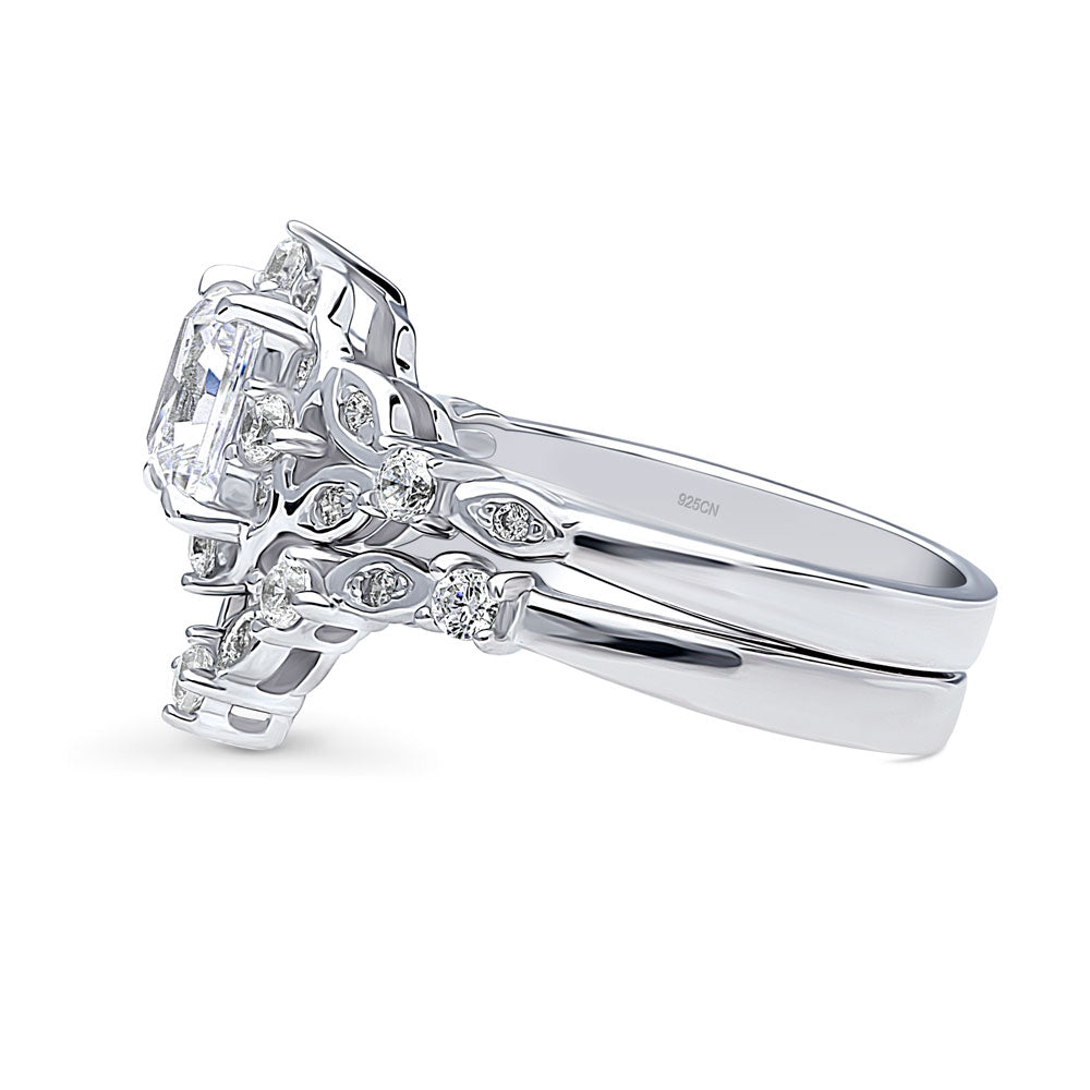 Halo Art Deco Chevron V Shaped CZ Ring Set in Sterling Silver