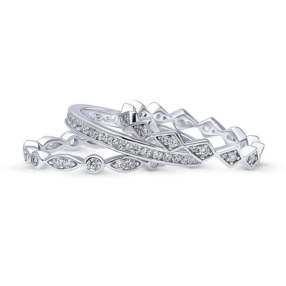 Front view of Woven Bubble Bezel Set CZ Eternity Ring Set in Sterling Silver, 3 of 9