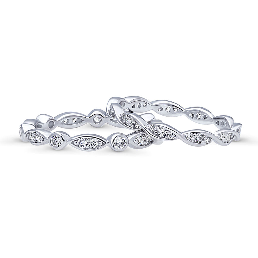 Front view of Woven Bubble Bezel Set CZ Eternity Ring Set in Sterling Silver, 3 of 6
