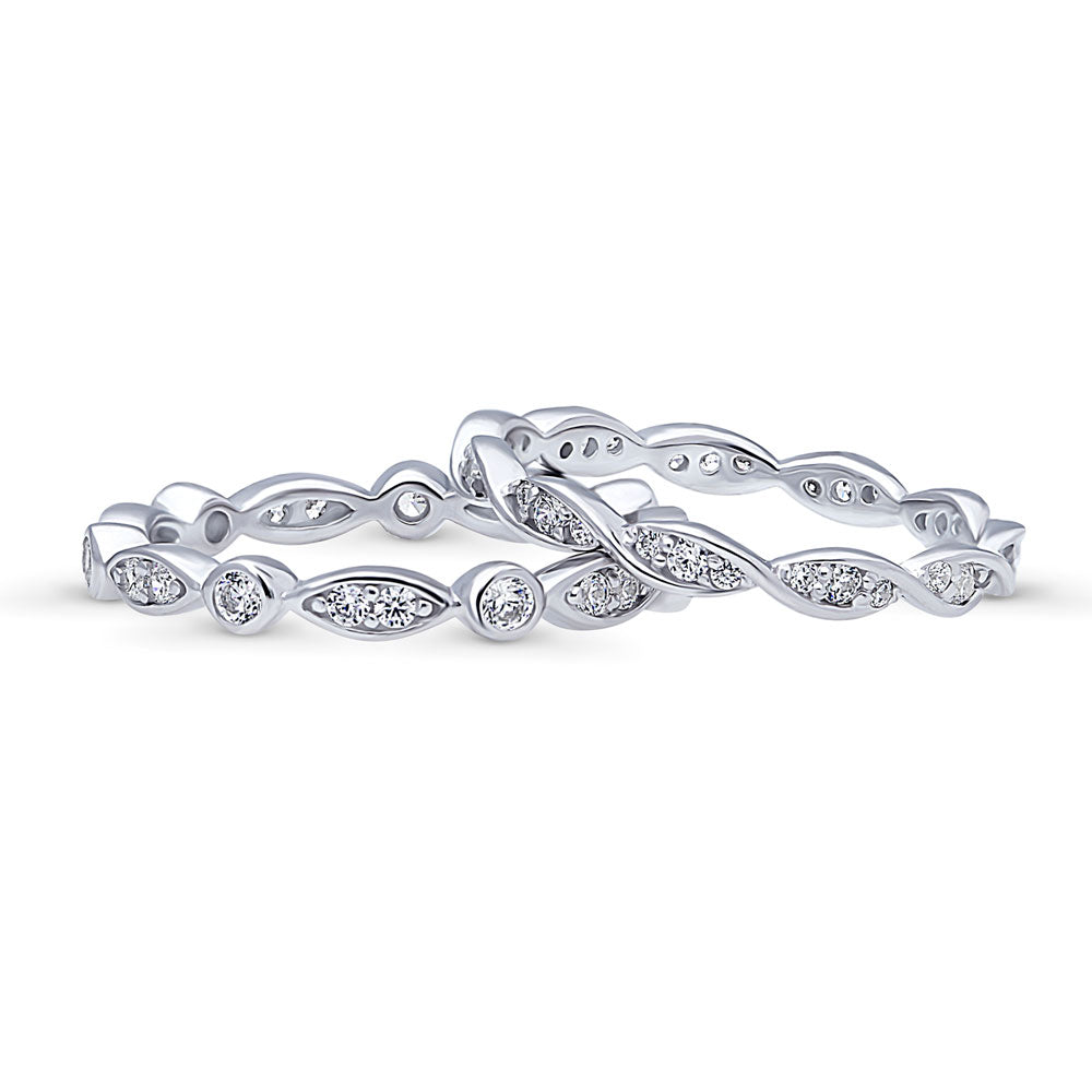 Front view of Bubble Woven Bezel CZ Eternity Ring Set in Sterling Silver, 4 of 7